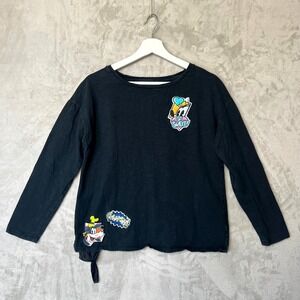 Disney Parks Black Long Sleeve Shirt M Mickey Donald Goofy Patch Tie Front